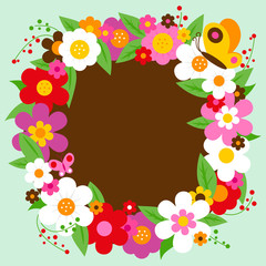 Flower wreath and butterflies. Vector illustration background