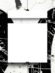 Close-up of two blank square and rectangular frames hanged by clips against black and white abstract scratched illustration background