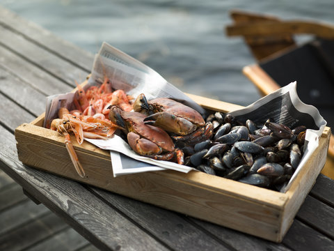 Clams, crabs and shrimps in a box, Blekinge, Sweden.