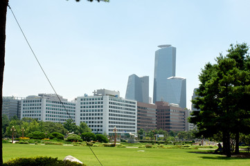 Modern buildings on Yeouido in Seoul in summer