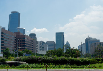 Modern buildings on Yeouido in Seoul in summer