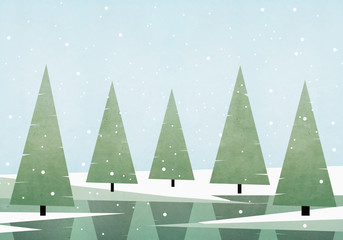 Illustration of pine trees growing on field against sky during winter