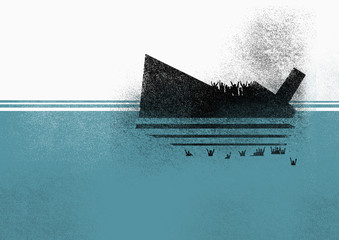 Illustration of sinking ship and people in sea