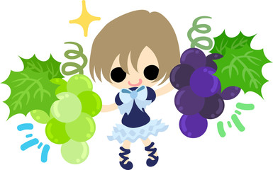 A cute illustration of a little girl and  grapes and muscat