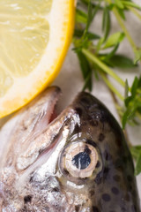 Three raw trouts on paper with thyme and lemon on a rustic wooden table