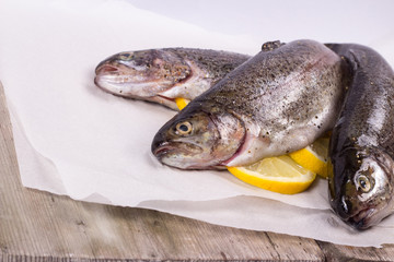 Three raw trouts on paper with thyme and lemon on a rustic wooden table