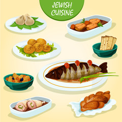 Jewish cuisine icon with festive dinner menu