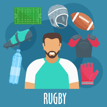 Rugby sport equipment and outfit elements