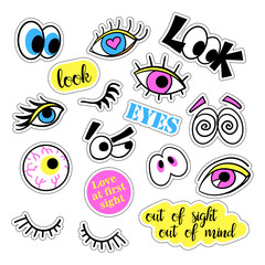 Pop art set with fashion patch badges and different eyes. Stickers, pins, patches, quirky, handwritten notes collection. 80s-90s style. Trend. Vector illustration isolated. Vector clip art.