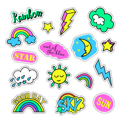 Pop art set with fashion patch badges and different sky elements. Stickers, pins, patches, quirky, handwritten notes collection. 80s-90s style. Trend. Vector illustration isolated. Vector clip art.