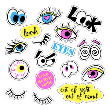 Pop art set with fashion patch badges and different eyes. Stickers, pins, patches, quirky, handwritten notes collection. 80s-90s style. Trend. Vector illustration isolated. Vector clip art.