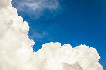 Background with curly rain cloud on blue sky. Vintage filter