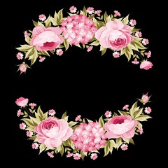 Template of invitation card. Peony garland for holiday card. Avesome flower garland with roses isolated over black background. Vector illustration.