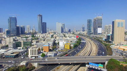 Fototapeta na wymiar Tel Aviv skyline - Aerial photo of Tel Aviv's center with Ayalon freeway 