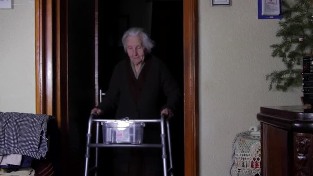 99 Years Old Woman With Walker, Very Old Person, Disabled Old Woman