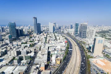 Foto auf Acrylglas Tel Aviv skyline - Aerial photo of Tel Aviv's center with Ayalon freeway   © STOCKSTUDIO