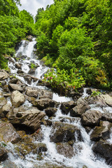 Landscape in Abkhazia with Caucasian ridge and river