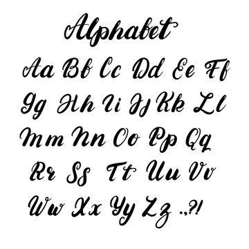 Hand written lowercase and uppercase calligraphy alphabet.