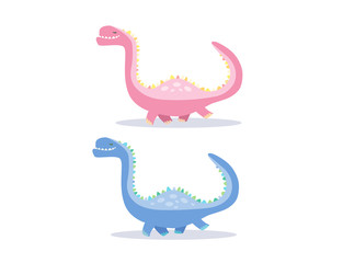 Cute illustration of two dinosaurs, blue and pink, funny characters for children goods and fashion.