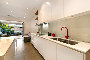 Modern gourmet kitchen interior. spacious great room
