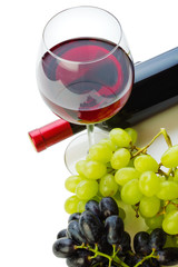 bottle of wine and grapes isolated