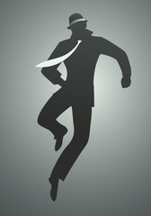 Fototapeta na wymiar Elegant silhouette man wearing hat dancing and jumping. Hipster & fashionable