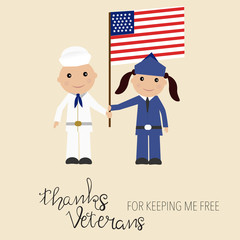 Obraz na płótnie Canvas Happy USA veteran day background hand lettering kids in military