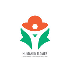 Abstract human character in flower with green leaves - vector logo template concept illustration. Creative design element.