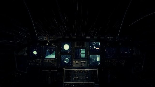 Spaceship Cockpit in a Pilot Point of view Traveling on a Speed of Light Through the Stars