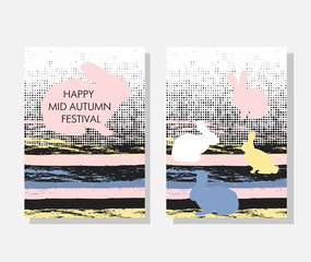 Mid autumn festival , rabbits , abstract elements. Chinese translate:Mid Autumn Festival.Set of sweet Happy rabbit illustration.