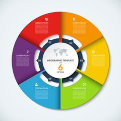 Circle infographic template. Vector layout with 6 options. Can be used for cycle diagram, round chart, graph, annual report, presentation, web design, step by step infographics