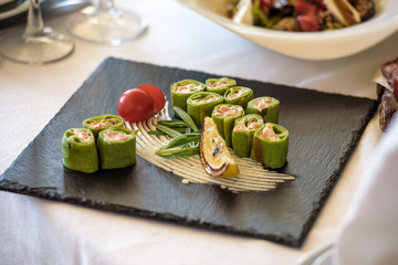 fish platter.  snacks on a white background