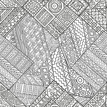 Hand-drawn seamless pattern of abstract geometric elements. Monochrome range. Pattern for coloring book.