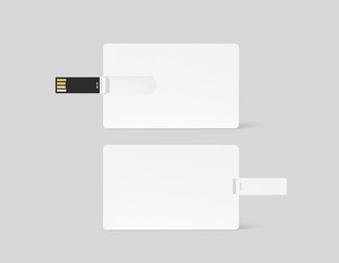 Blank white plastic wafer usb card design mockup, front, back side view, clipping path, 3d rendering. Visiting flash drive namecard mock up. Call-card disk souvenir presentation. Credit stick adapter. - obrazy, fototapety, plakaty