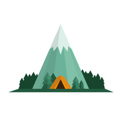 Camping, trekking and hiking concept. Tent, forest and mountain landscape. Flat style, vector illustration.