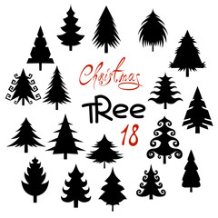 Set of eighteen silhouette Christmas tree isolated on white background. Fir trees.