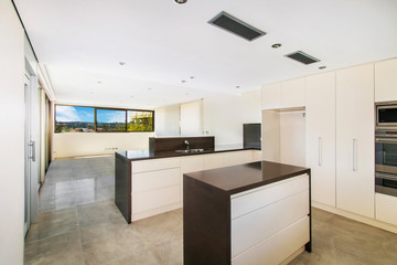 Modern gourmet kitchen interior. spacious great room
