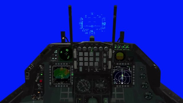 F-15 Cockpit and HUD Illustration on a Blue Screen Background