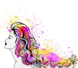 Beautiful young woman portrait with colorful splashes