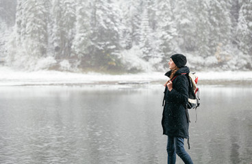 Woman hiking in the nature in winter