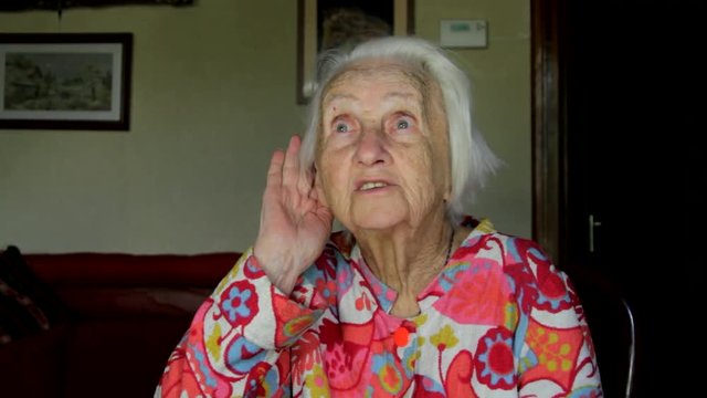 Very Old Lady Having Hearing Problems, Almost Deaf, Old Age
