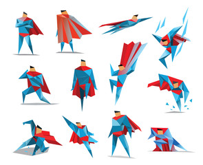Superhero actions icon set in low poly style, different poses, vector polygonal illustration
