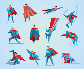 Superhero actions icon set in low poly style, different poses, vector polygonal illustration