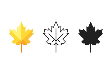 Set Of Maple Leaf Icons. Silhouette, Colorful Flat And Outline One With Editable Stroke. Stock Vector