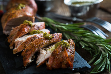 Roast pork tenderloin with herbs and red wine