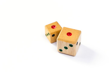 wooden dice have double one point on white  background isolated