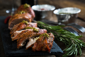 Roast pork tenderloin with herbs and red wine