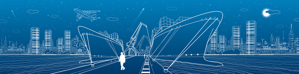 Two cargo ships loading, boats on the water, sea harbor, airplane fly, transportation illustration, people people go on the pier, vector design art