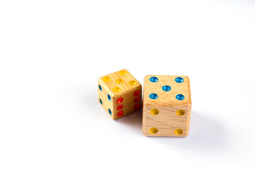 wooden dice have double five point on white  background isolated