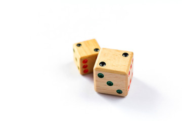 wooden dice have double two point on white  background isolated